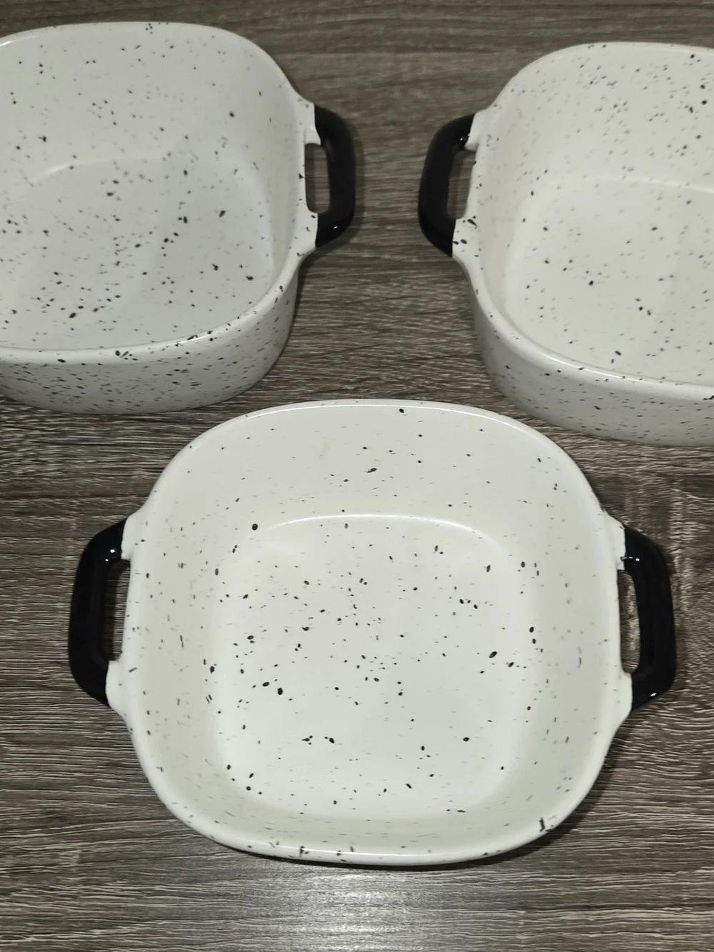 Lot of 3 Robert Stanley Oven Safe Ramekins Speckled White Black Square Dish.
